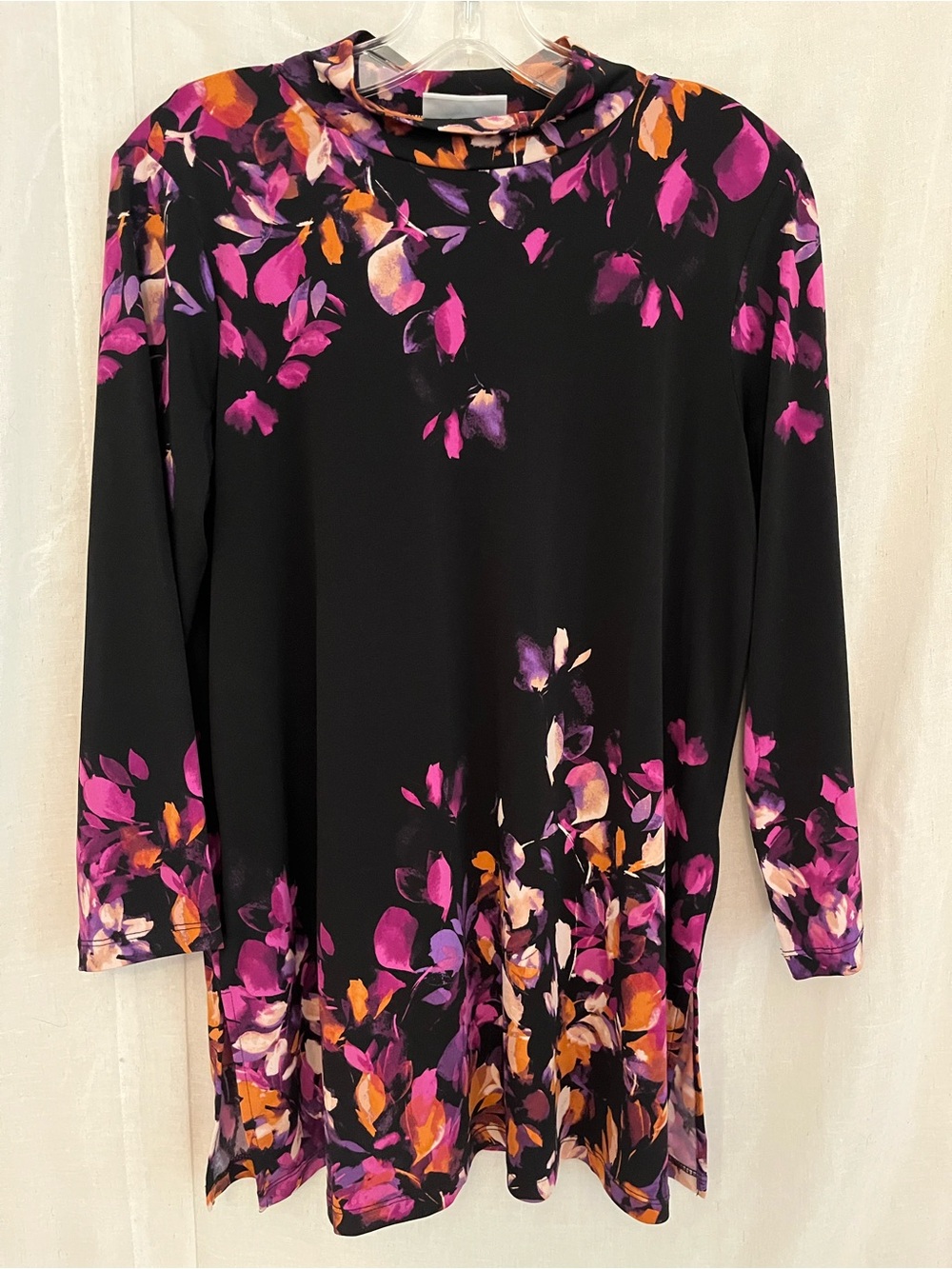 Susan Graver Black Long-Sleeve Tunic with Pink & Orange Floral Print